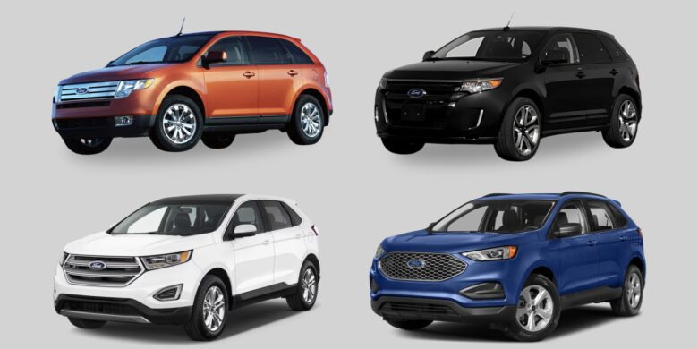 A 2007, 2013, 2018, & 2023 Ford Edge next to each other
